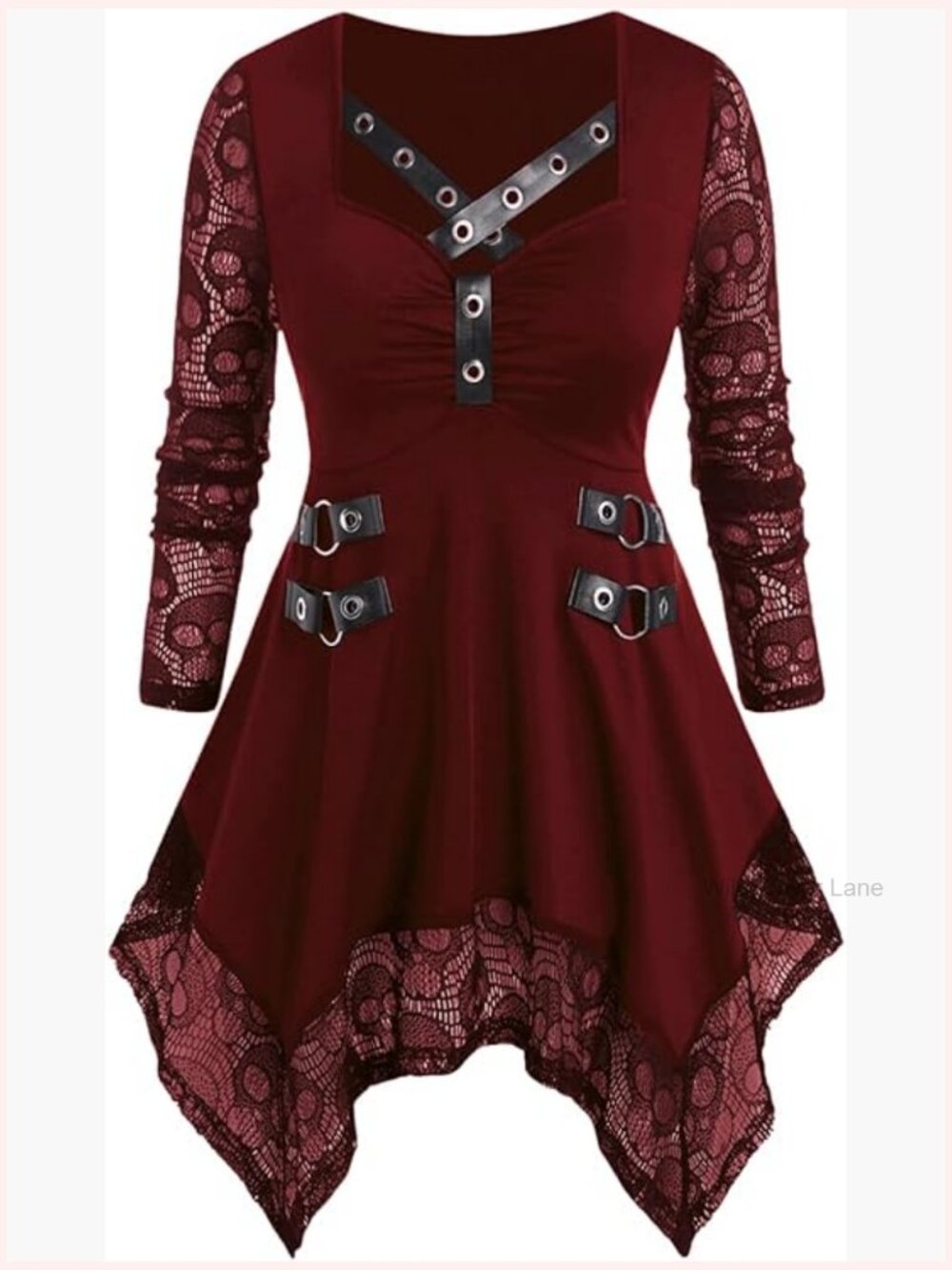 Plus Size Tunic Goth Long Sleeve V-Neck Loose Blouse Skull Lace Top